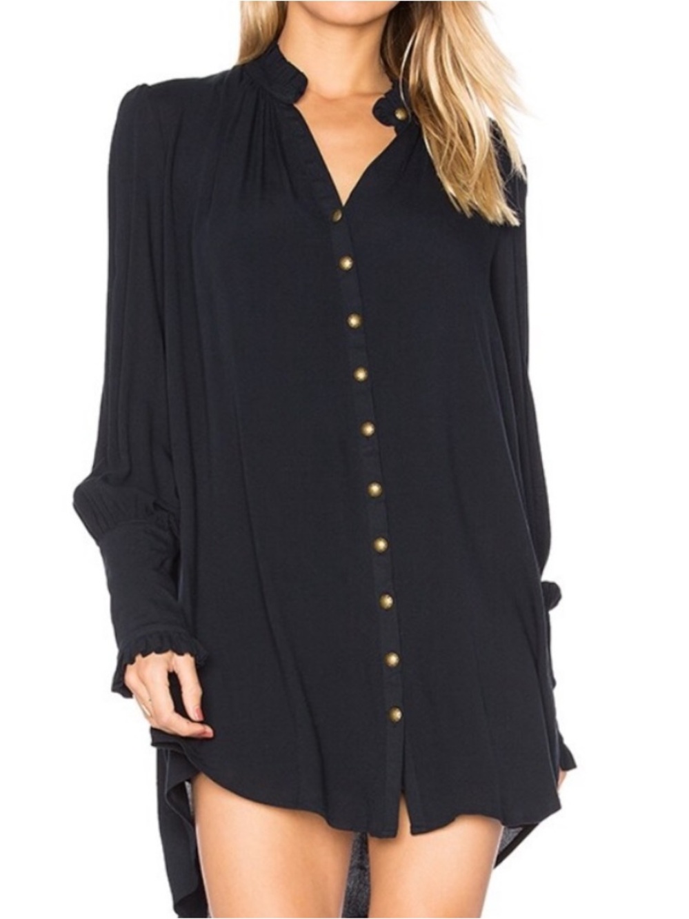 Free People Lieutenant Shirt Dress Black with Brass colored buttons